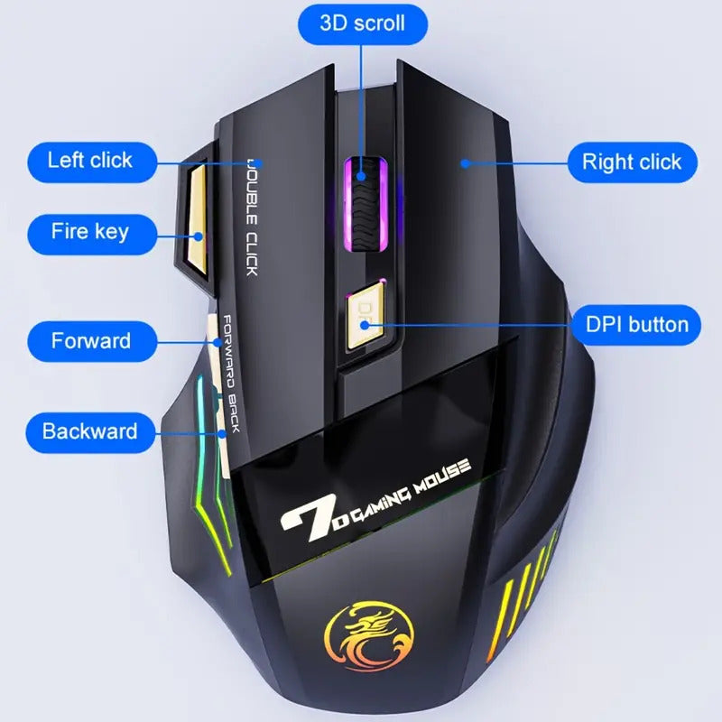Ergonominating rechargeable wireless game mouse with RGB backlighting