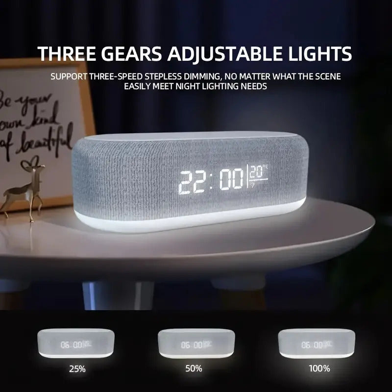Wireless charging station with digital alarm clock and night light