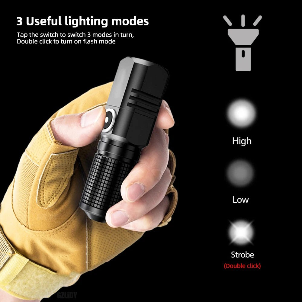 Super bright Mini LED torch with zoom USB charging and 3 light modes