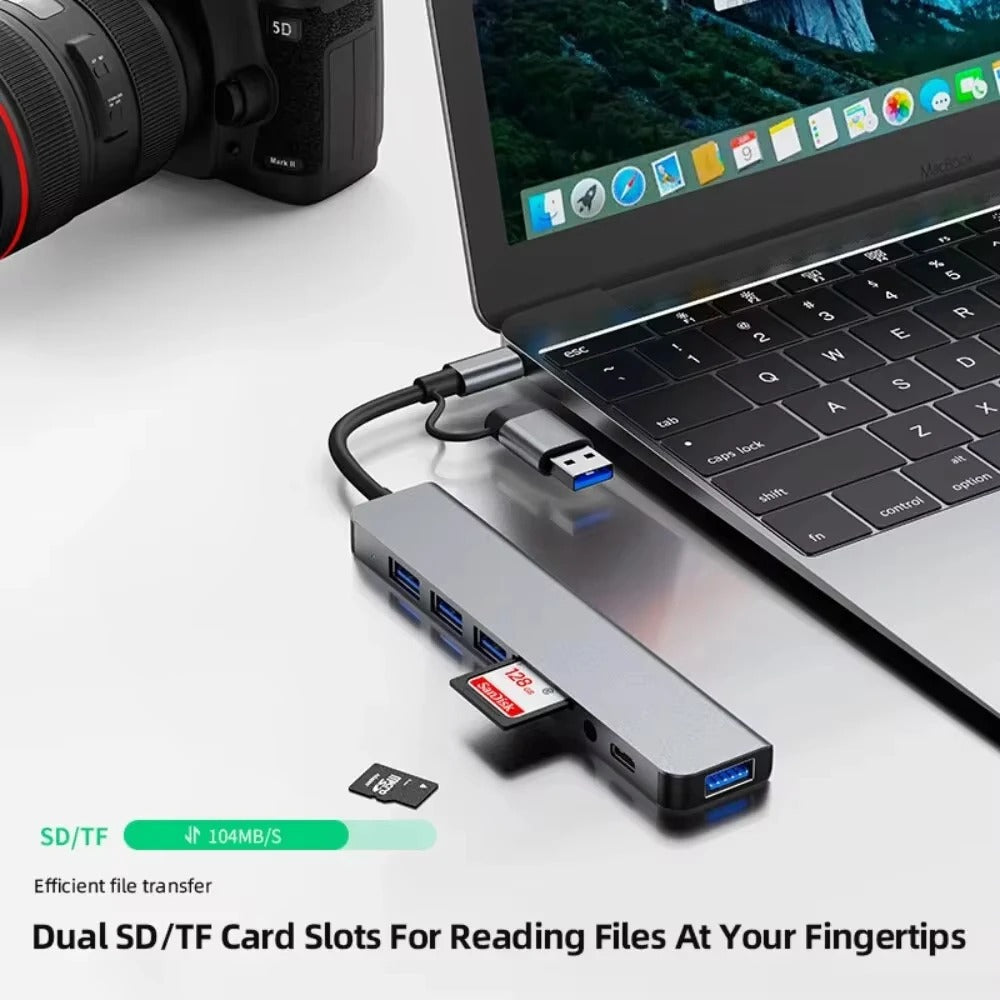 HUB USB 8-in-2 with cards reader, USB-C, USB 3.0/2.0 port, SD/TF player
