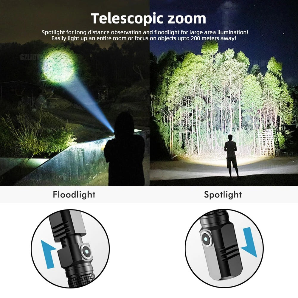 Super bright Mini LED torch with zoom USB charging and 3 light modes