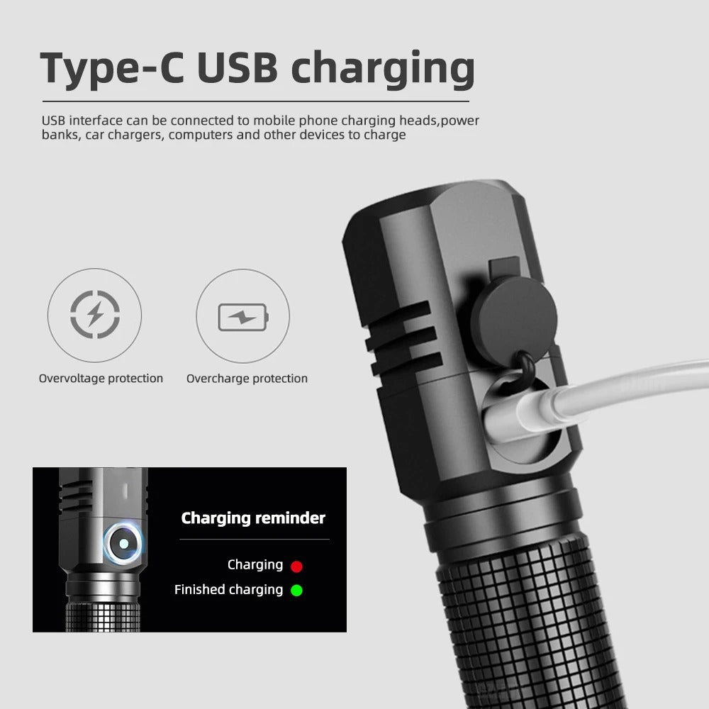 Super bright Mini LED torch with zoom USB charging and 3 light modes