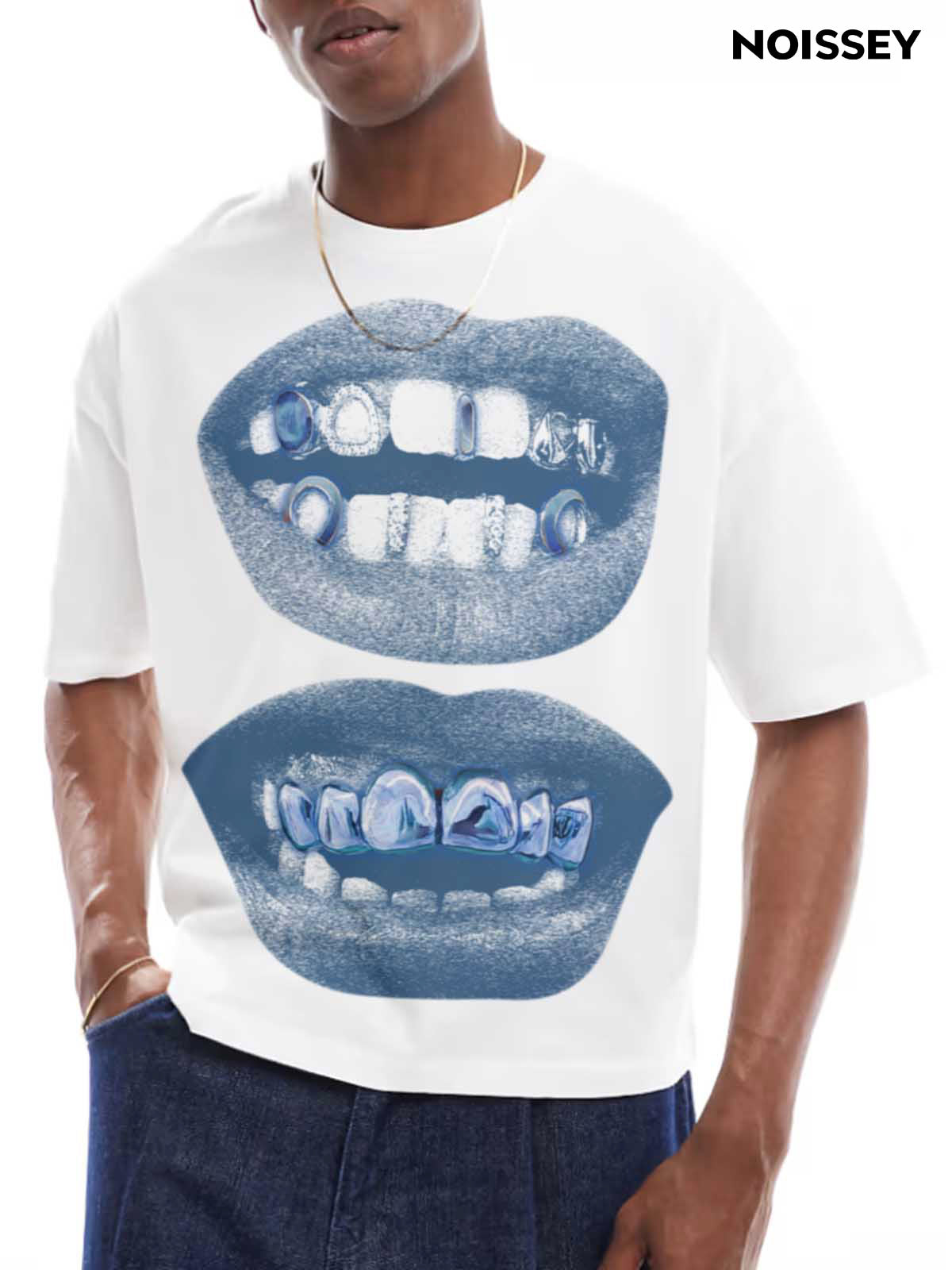 BOUNCE BACK™ | Maglia Oversize Boxy con Stampa Labbra Blu Retrò e Grills