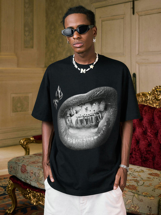 BOUNCE BACK™ | T-Shirt Streetwear con Dettagli Ricamati Labbra e Denti