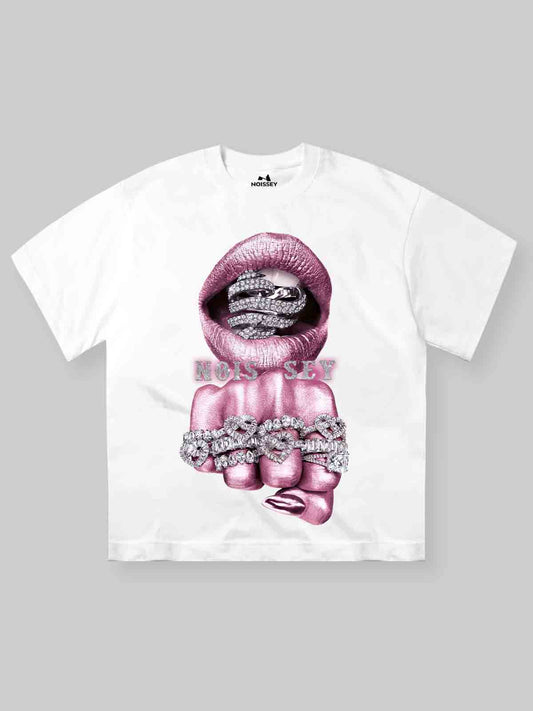 BOUNCE BACK™ | Maglia Crop Streetwear con Stampa Rosa Argento e Dettagli Diamond