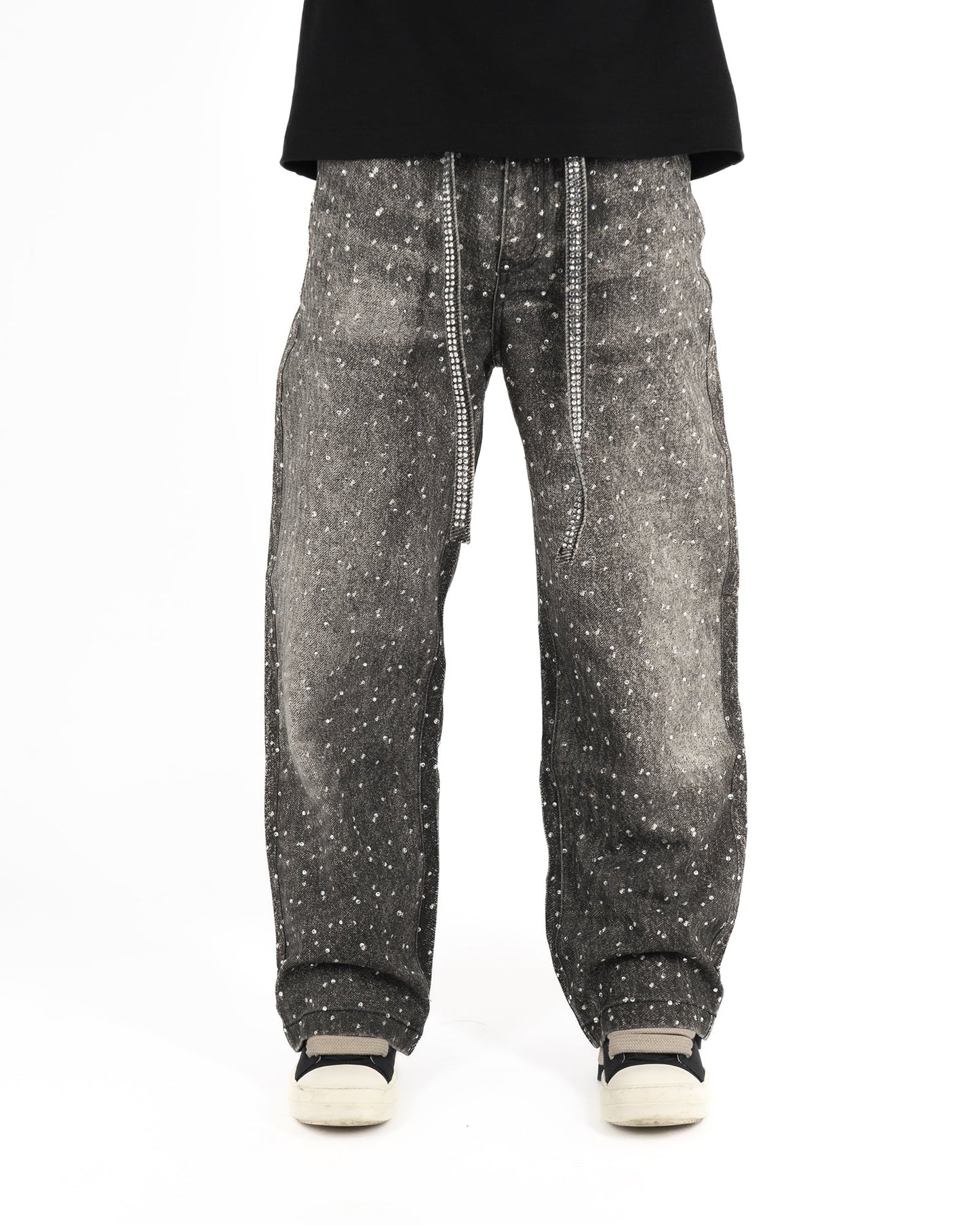 Jeans Streetwear Neri™ | Strass Brillanti e Orlo Sfrangiato