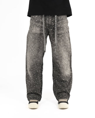 Jeans Streetwear Neri™ | Strass Brillanti e Orlo Sfrangiato