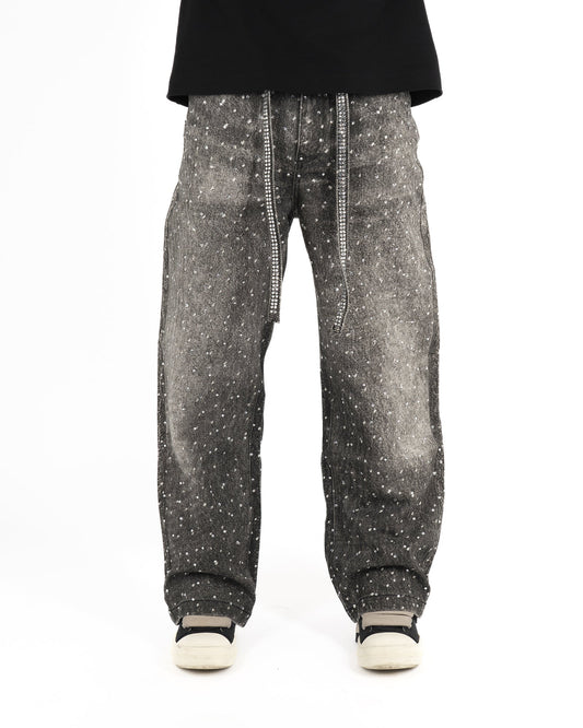 Jeans Streetwear Neri™ | Strass Brillanti e Orlo Sfrangiato