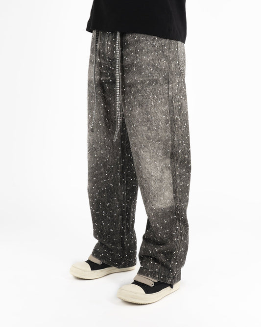 Jeans Streetwear Neri™ | Strass Brillanti e Orlo Sfrangiato