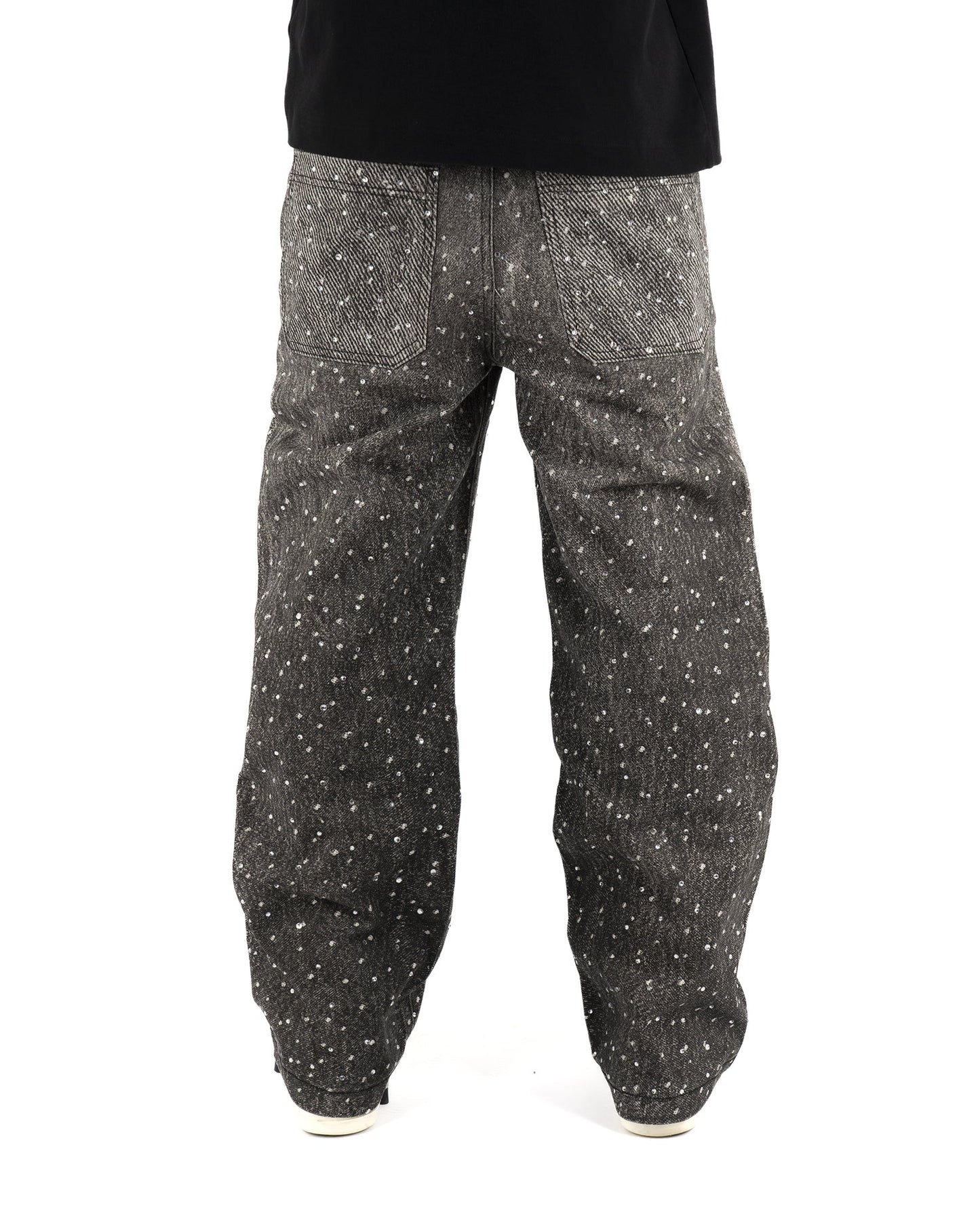 Jeans Streetwear Neri™ | Strass Brillanti e Orlo Sfrangiato