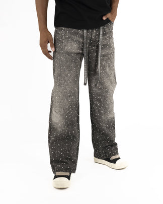 Jeans Streetwear Neri™ | Strass Brillanti e Orlo Sfrangiato