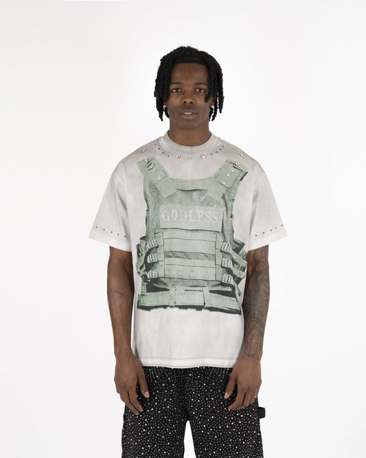 T-Shirt Oversize™ | Stampa Gilet Tattico Verde e Dettagli Borchiati