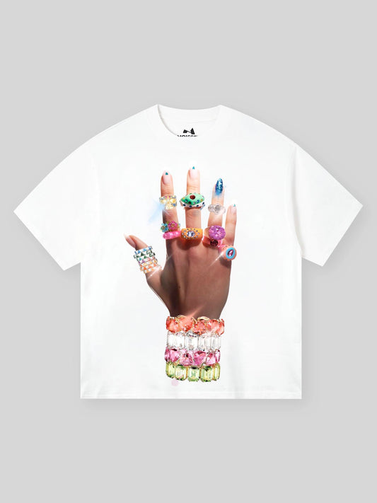 BOUNCE BACK™ | T-Shirt Streetwear con Stampa Artistica di Anello e Bracciale