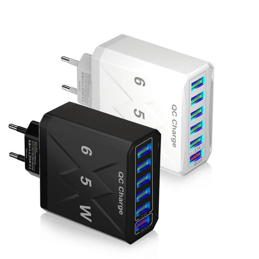 Caricatore USB 65W a 6 Porte – Ricarica Rapida QC3.0, Adattatore da Viaggio per iPhone 14, Samsung, Xiaomi, EU, KR, US, UK