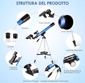 Double lens astronomical telescope with tripod, LED sights and smartphone adapter