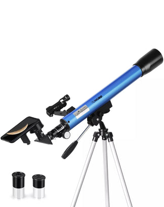 Double lens astronomical telescope with tripod, LED sights and smartphone adapter