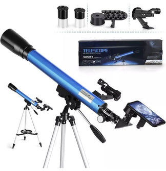 Double lens astronomical telescope with tripod, LED sights and smartphone adapter