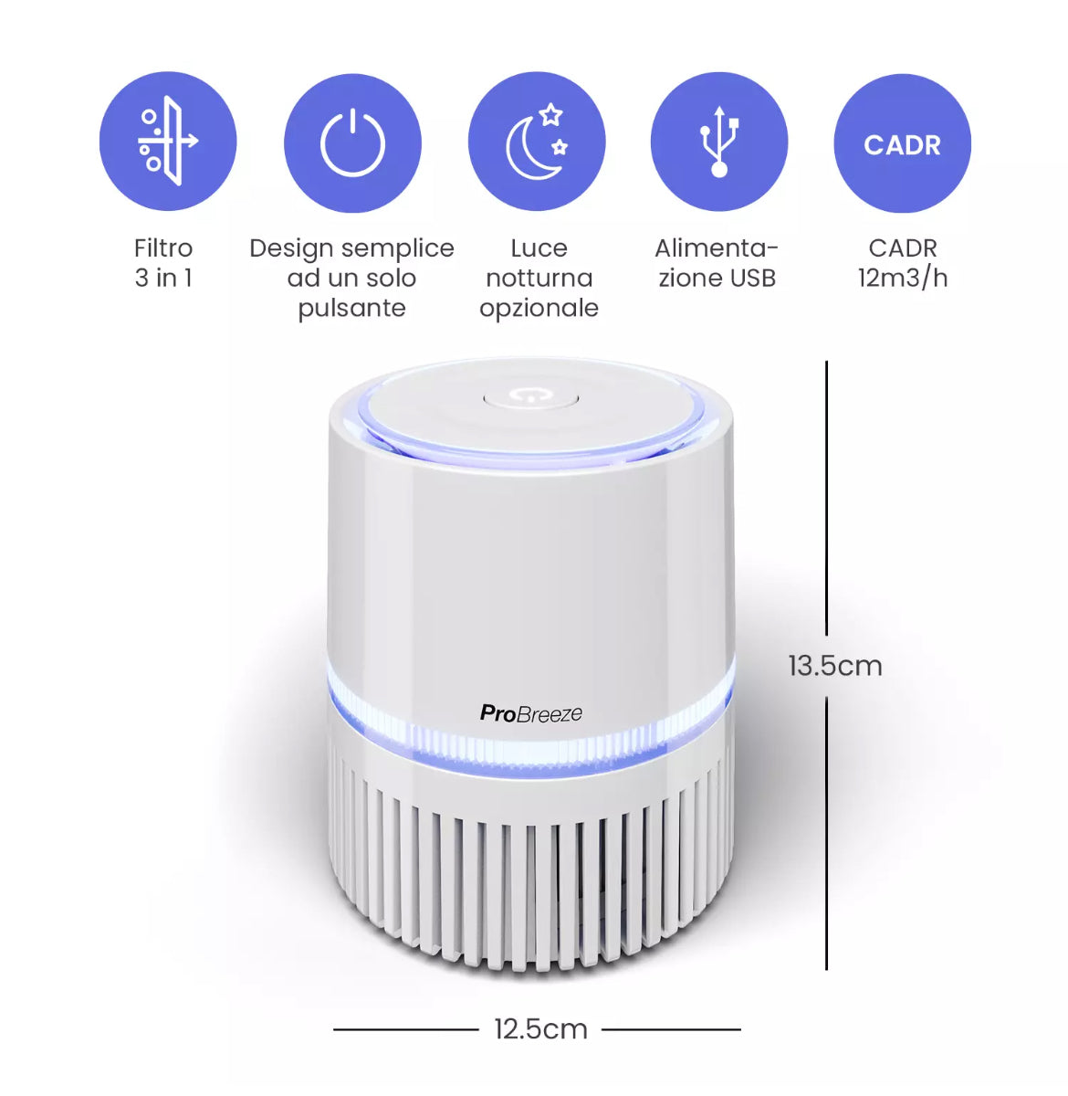 Piccolo purificatore d'aria con filtro true e luce notturna