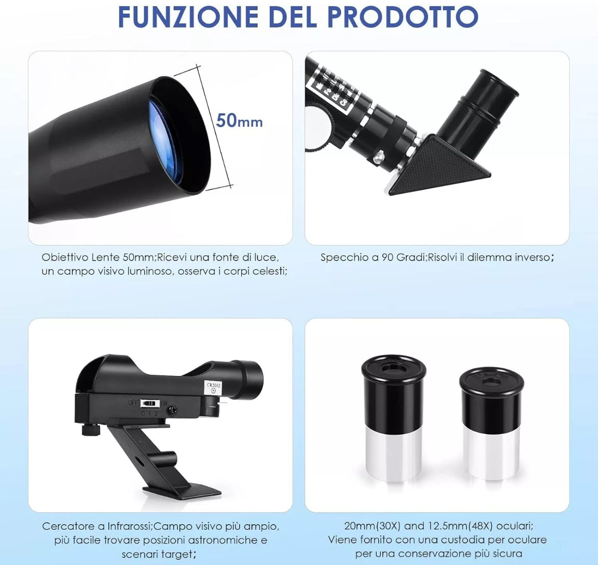 telescopio astronomico a doppia lente con treppiede, mirino a LED e adattatore per smartphone