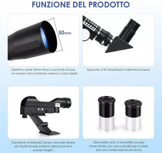 Double lens astronomical telescope with tripod, LED sights and smartphone adapter