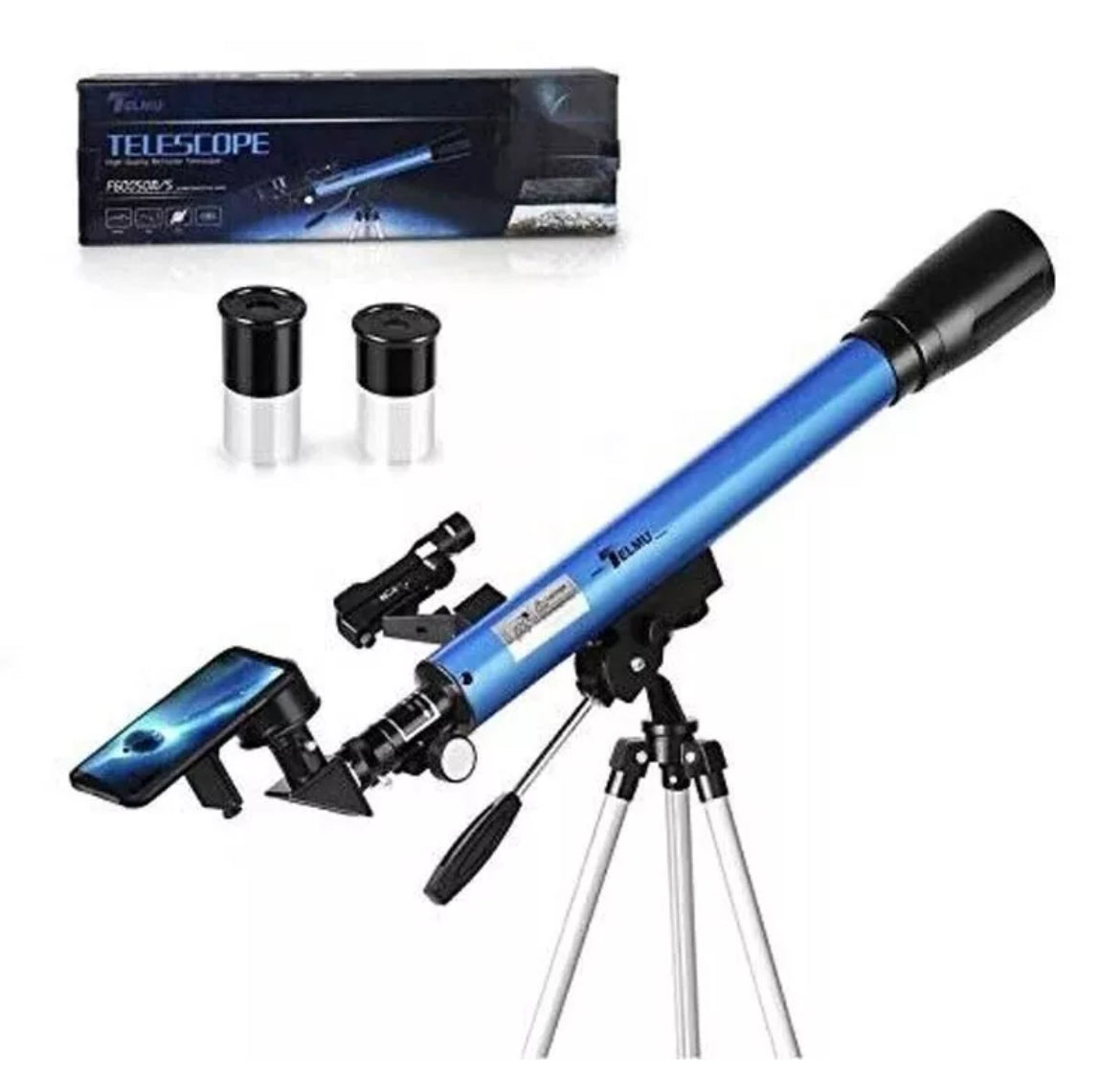 telescopio astronomico a doppia lente con treppiede, mirino a LED e adattatore per smartphone