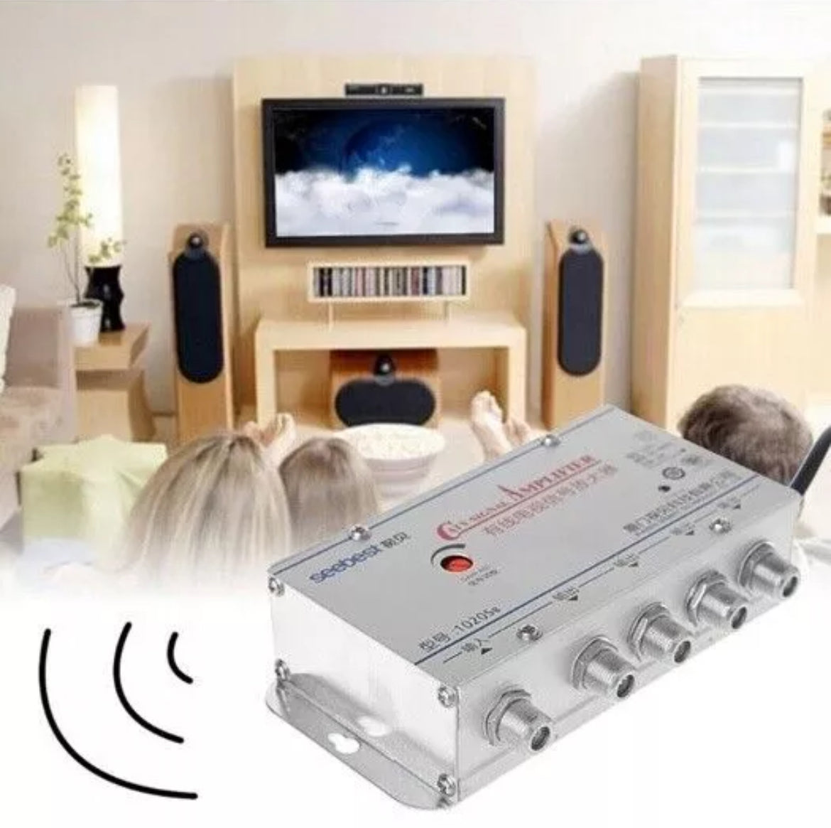 Amplificatore segnale TV con splitter e 4 uscite per antenna digitale terrestre