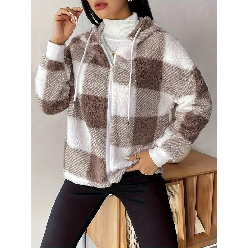 Giacca da Donna Marrone a quadri con cappuccio e zip