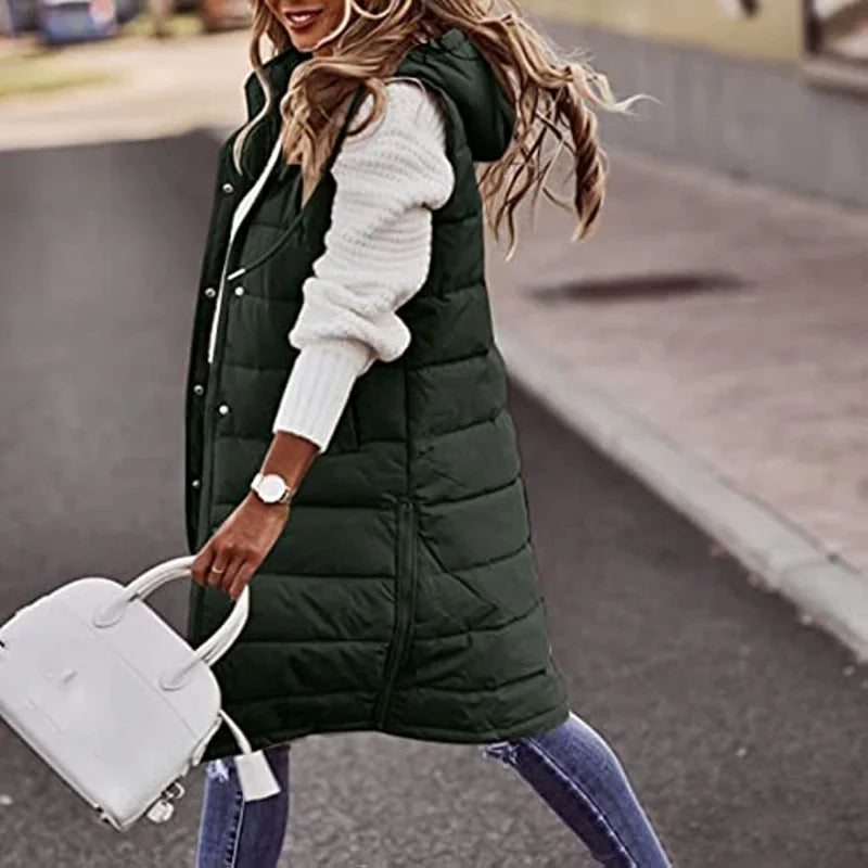 Gilet Lungo Donna | Piumino Imbottito con Cappuccio