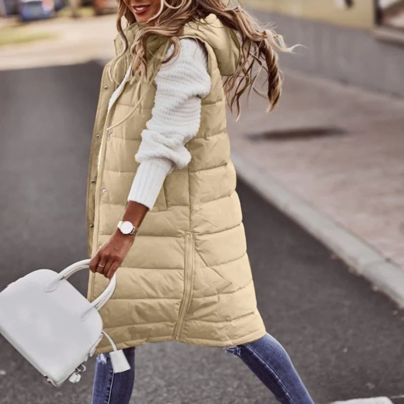 Gilet Lungo Donna | Piumino Imbottito con Cappuccio
