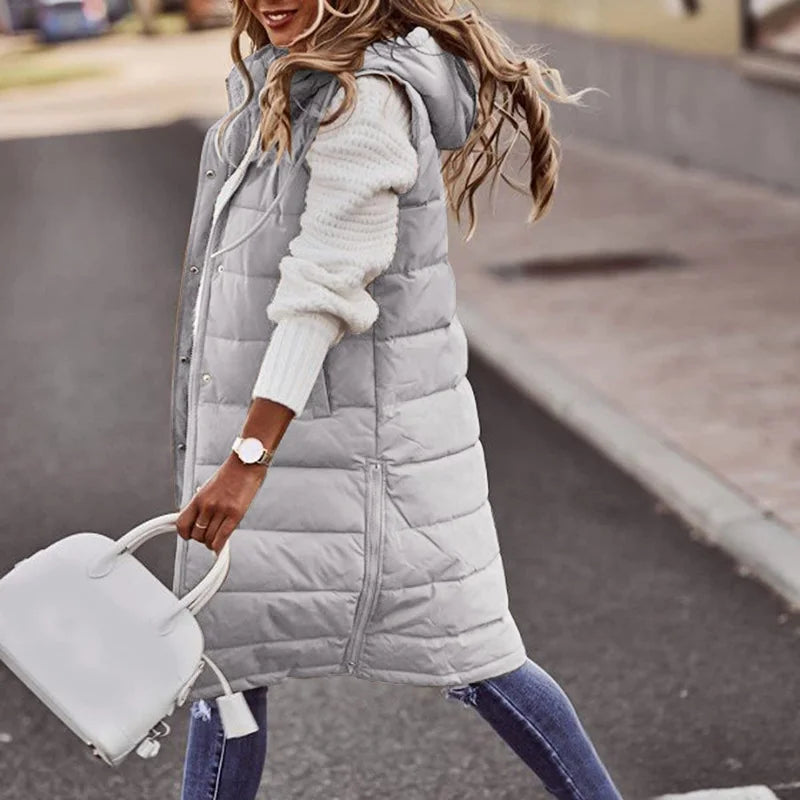 Gilet Lungo Donna | Piumino Imbottito con Cappuccio