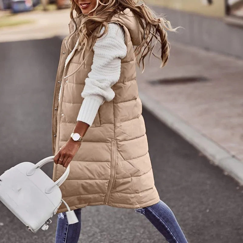 Gilet Lungo Donna | Piumino Imbottito con Cappuccio