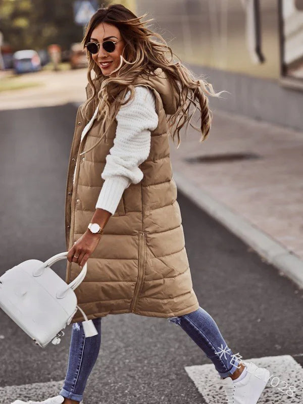 Gilet Lungo Donna | Piumino Imbottito con Cappuccio