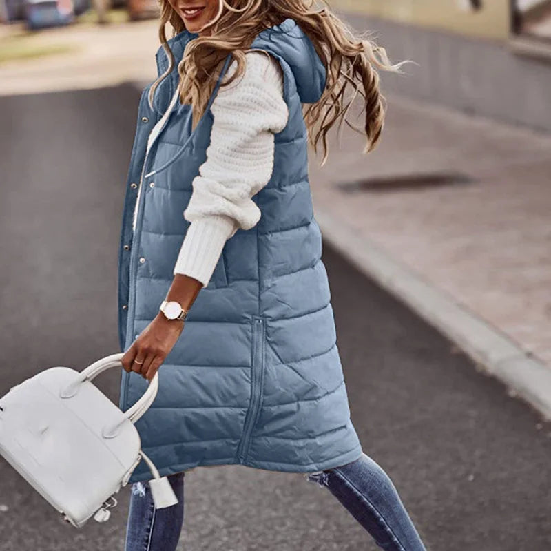 Gilet Lungo Donna | Piumino Imbottito con Cappuccio