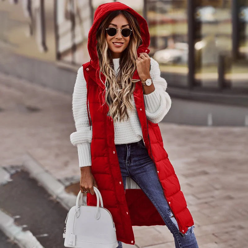 Gilet Lungo Donna | Piumino Imbottito con Cappuccio