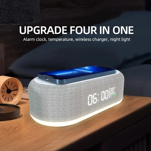 Wireless charging station with digital alarm clock and night light