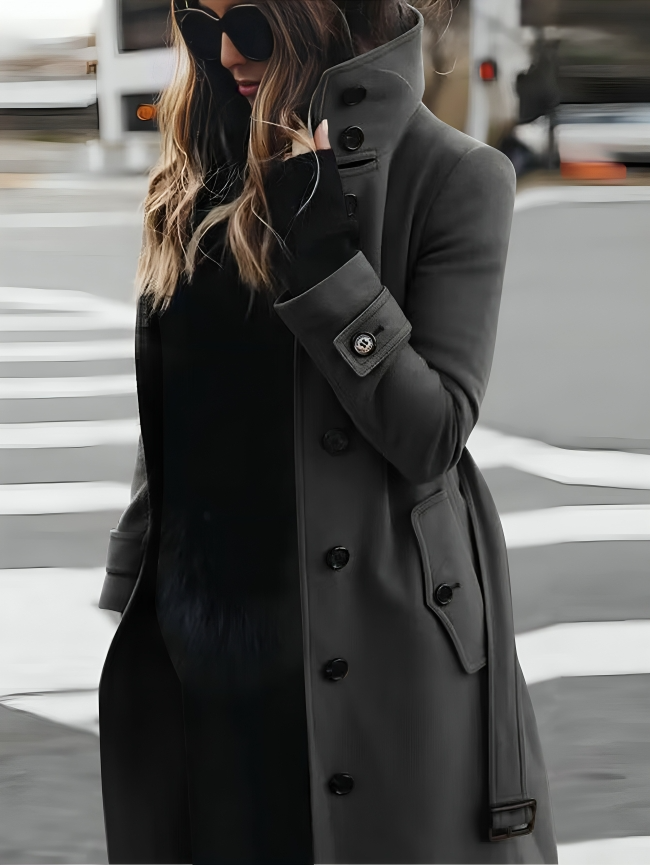 Cappotto da donna lungo elegante con cintura e bottoni – stile classico e impermeable