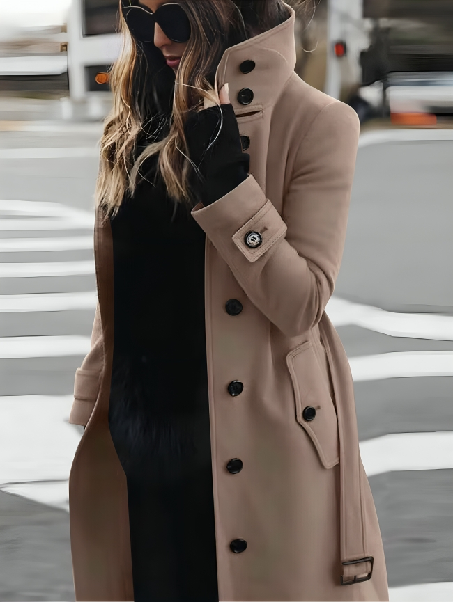 Cappotto da donna lungo elegante con cintura e bottoni – stile classico e impermeable