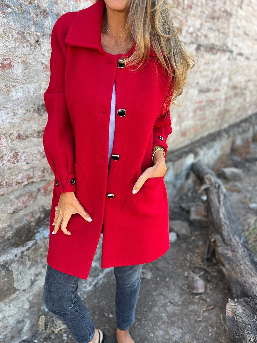 Cappotto Lungo Donna| Rosso Classico con Collo e Tasche
