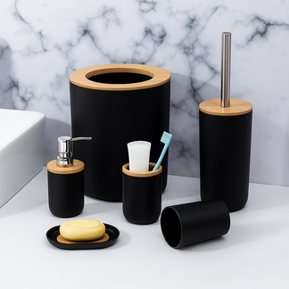 <tc>Bathroom Set™ | Minimalist Black &amp; Bamboo for a Natural Touch</tc>