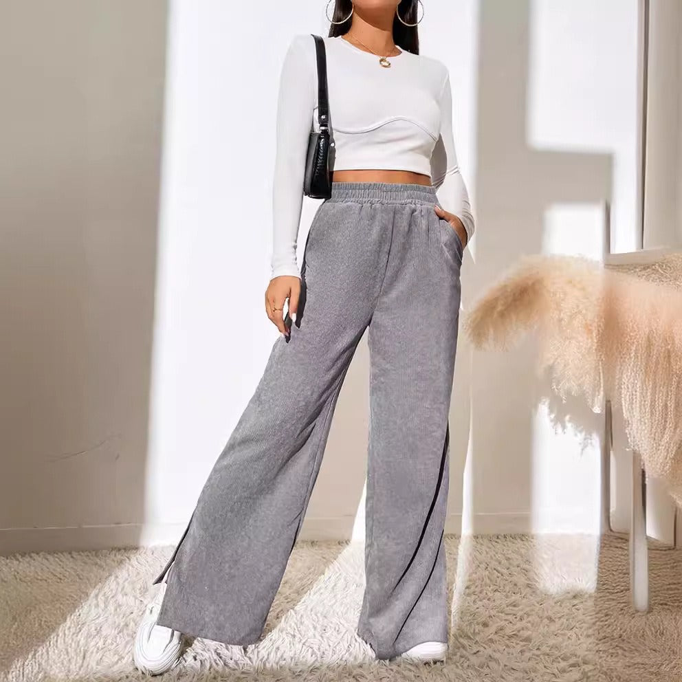 Pantaloni Donna Larghi | Vita Alta in Velluto a Coste con Spacchi Laterali