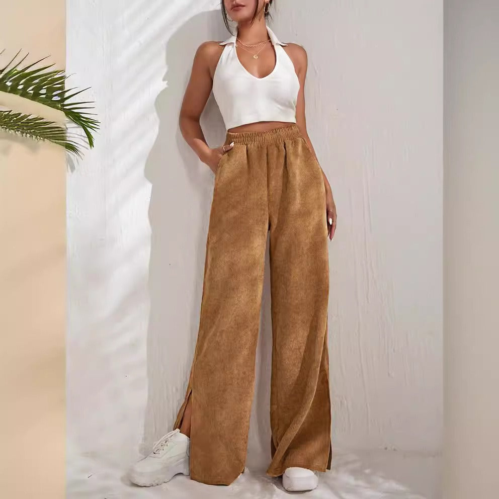 Pantaloni Donna Larghi | Vita Alta in Velluto a Coste con Spacchi Laterali