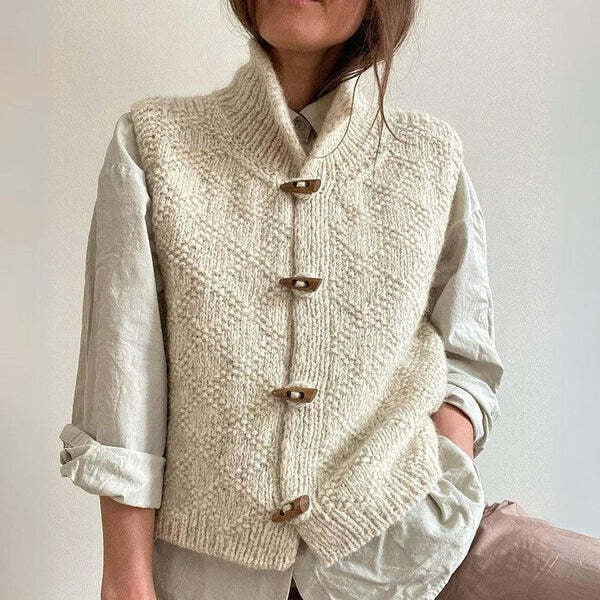Gilet da donna in lana lavorata a maglia con bottoni e collo alto