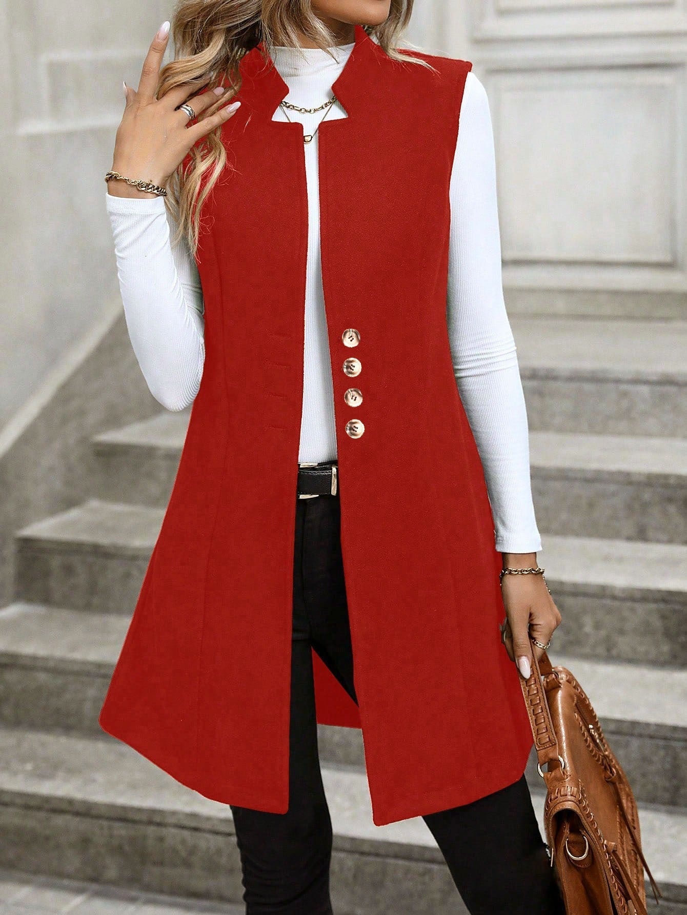 Gilet Elegante Donna | Senza Maniche in Misto Lana con Collo Alto e Bottoni