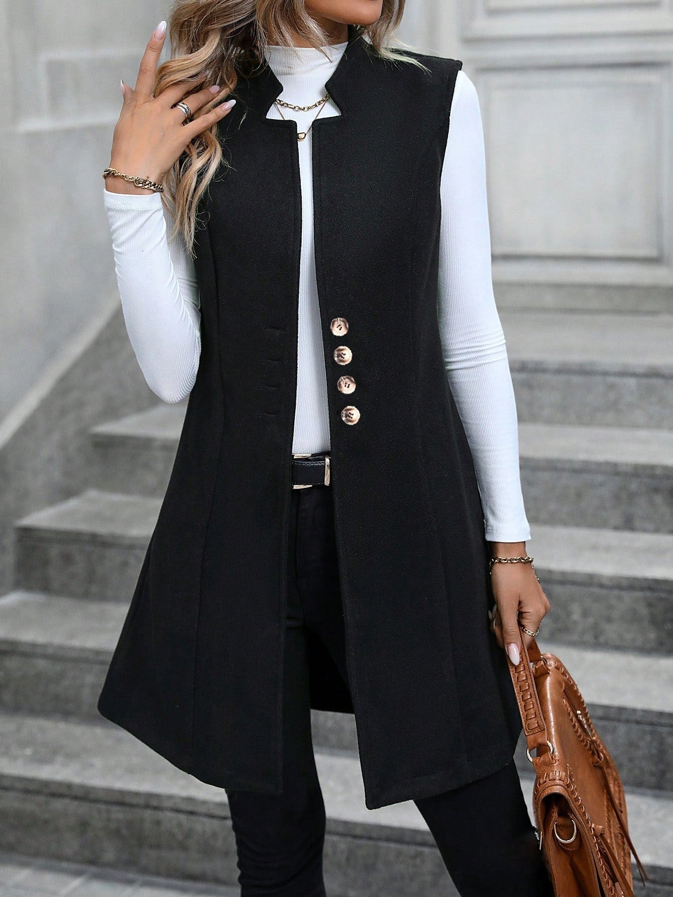 Gilet Elegante Donna | Senza Maniche in Misto Lana con Collo Alto e Bottoni