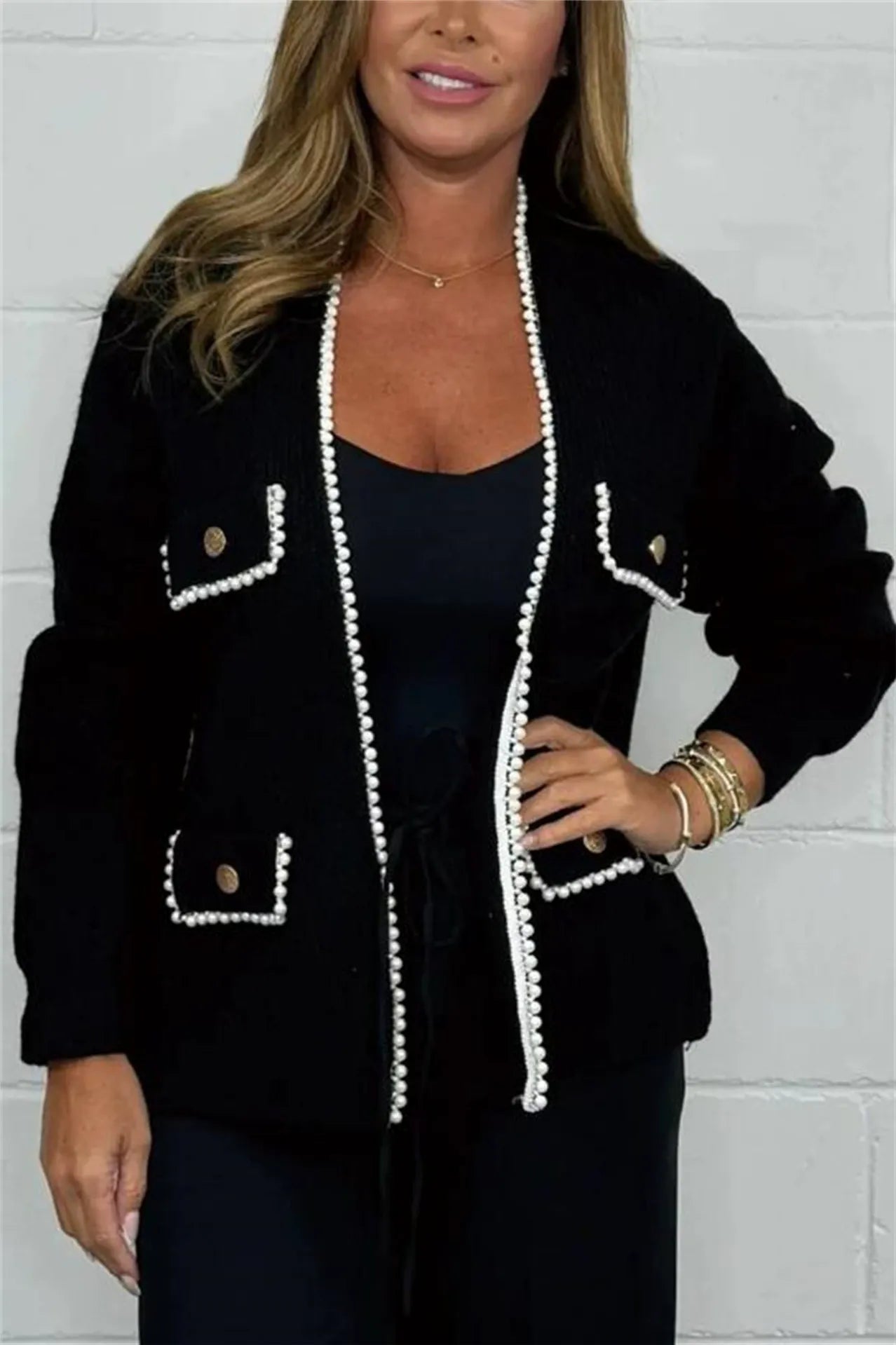 Cardigan Elegante Donna | Lavorazione a Maglia con Dettagli in Perline e Fit Rilassato