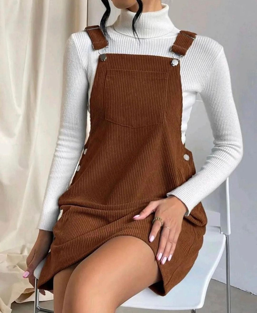 Abito Salopette Donna | Vestito Corto a Coste con Bretelle Regolabili