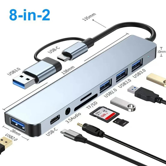 HUB USB 8-in-2 with cards reader, USB-C, USB 3.0/2.0 port, SD/TF player