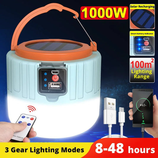 Retrously rechargeable 1000W Solar Camping lamp with USB, waterproof and laptop
