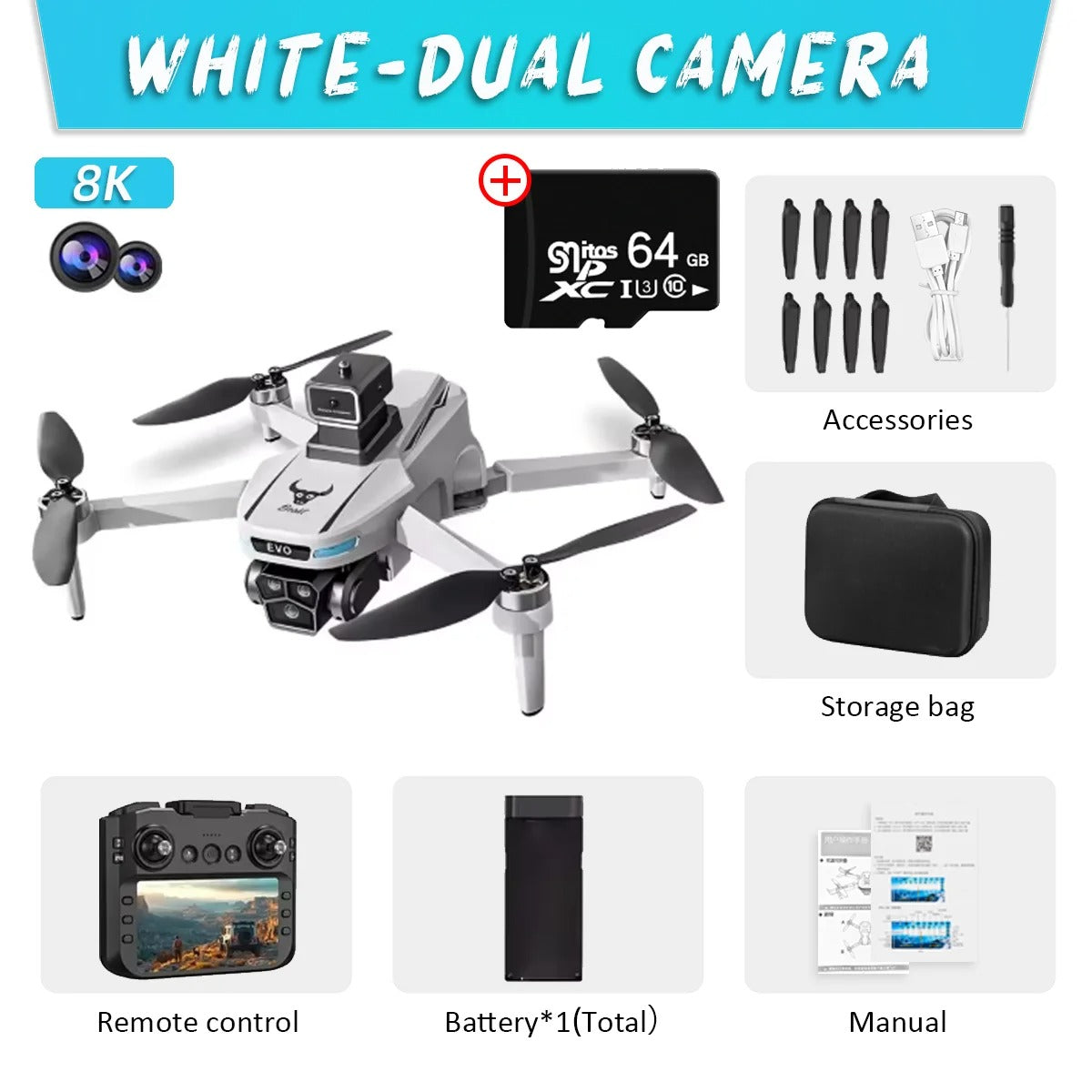 Drone Max GPS 8K | Doppia Fotocamera, Pieghevole con Evitamento Ostacoli e Radiocomando con Schermo