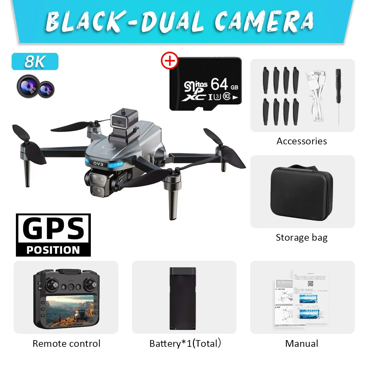 Drone Max GPS 8K | Doppia Fotocamera, Pieghevole con Evitamento Ostacoli e Radiocomando con Schermo